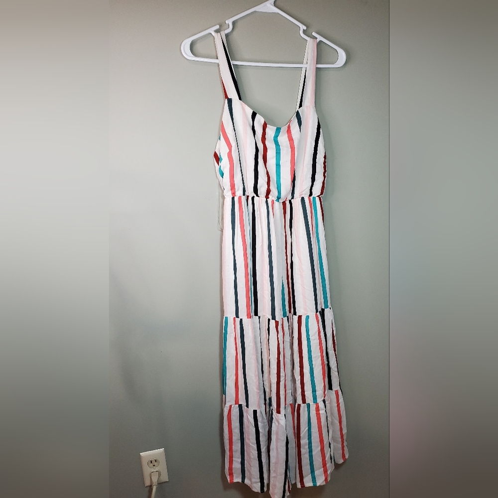Ces Femme White Maxi Dress with Teal, Coral & Black Stripes Size Medium